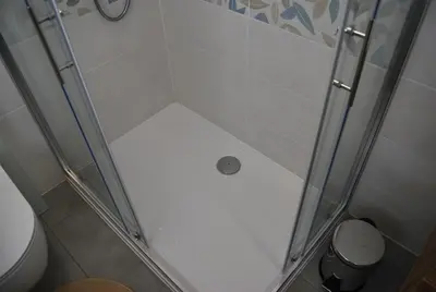 a shower with a glass door next to a toilet at Apartma Rače in Rače