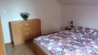 a bedroom with a bed and a dresser with a plant on it at Apartment House Sumrak in Bizeljsko