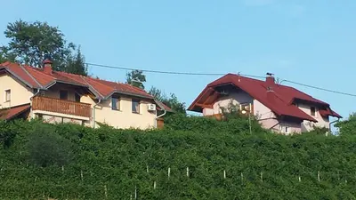 a house with a red roof on top of a hill at Apartment House Sumrak in Bizeljsko