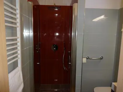 a shower with a glass door in a bathroom at Fedrig Private Rooms & Apartment in Kobarid