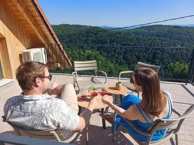 a man and a woman sitting at a table with wine glasses at Vineyard cottage Kraljevi kotiček in Trebnje