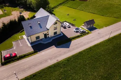 an overhead view of a house and a highway at Vila Savica Bled in Bled