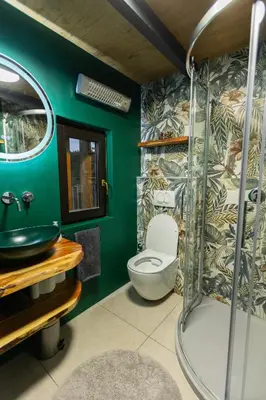a bathroom with a toilet and a green wall at Pine Hill RUBY with free jacuzzi in Rakitna