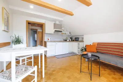 a kitchen and a living room with a couch at Bled Veldes in Bled