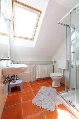 a bathroom with a sink toilet and a skylight at Bled Veldes in Bled