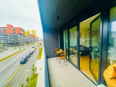 a balcony of a building with a view of a street at Apartment number 7 in Ljubljana