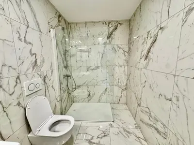 a white bathroom with a toilet and a shower at Vila SofiOmi in Bled