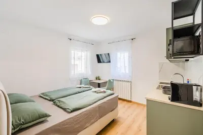 a bedroom with a large bed and a tv at Penzion Hosnar, apartma Mucho in Bovec
