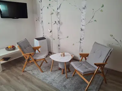 a room with three chairs and a table and trees on the wall at Prenočišče Breza in Radovljica