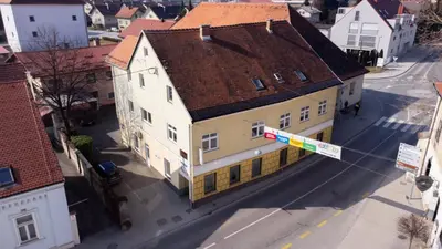 an overhead view of a building on a city street at Soba Pri Kosu in Slovenska Bistrica