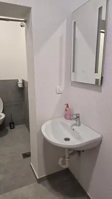 a white bathroom with a sink and a mirror at Apartmaji Despotoski Mojstrana in Mojstrana