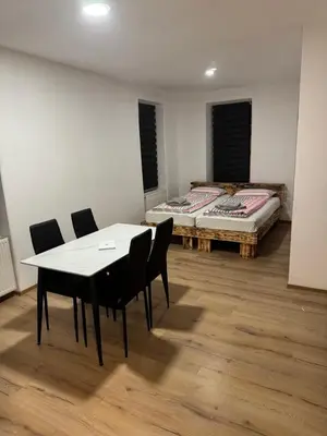 a room with a table and chairs and a bed at Apartmaji Despotoski Mojstrana in Mojstrana