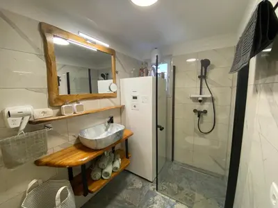 a bathroom with a sink and a shower at Princess Mojca Holiday House in Bled