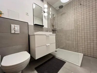 a bathroom with a toilet and a sink and a mirror at TJs Temple with Castle View in Ljubljana