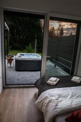 a room with two beds and a large glass window at Apartments Villa Prod in Ljubljana