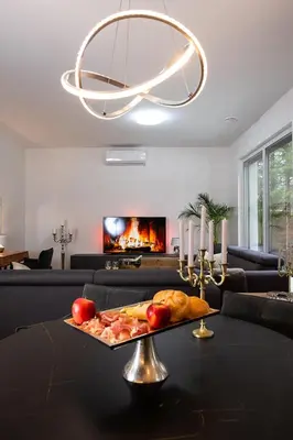a tray of food on a table in a living room with a fireplace at Apartments Villa Prod in Ljubljana