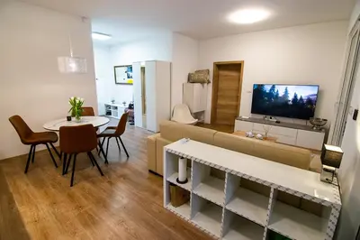 a living room with a couch and a table at Apartments Villa Prod in Ljubljana