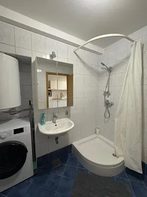 a bathroom with a sink and a toilet and a washing machine at Apartma Vinko in Ljubljana