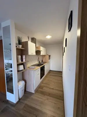 a small kitchen with white cabinets and wooden floors at Apartma Vinko in Ljubljana