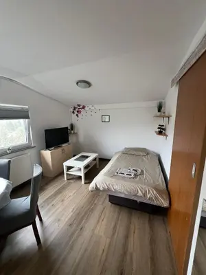 a bedroom with a bed and a desk and a chair at Apartma Vinko in Ljubljana