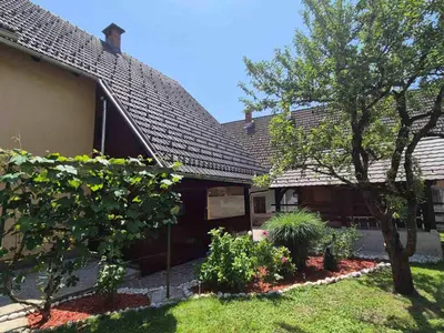 a house with a tree and plants in the yard at Hiša JAVORNIK BOHINJ in Bohinj