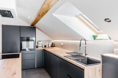 a kitchen with black cabinets and a skylight at Alps2sea Apartment House in Srpenica