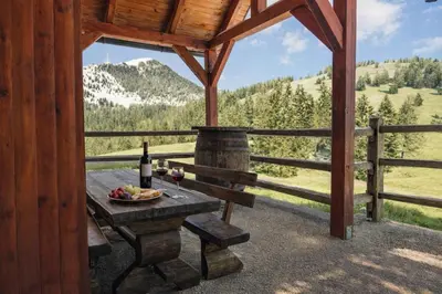 a table with a glass of wine on the porch of a cabin at Harmony Resort in Cerklje na Gorenjskem