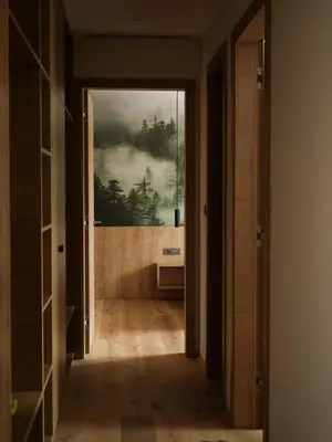 a hallway with a bathroom with a painting on the wall at Bohinj River House Spa&Sport in Bohinj