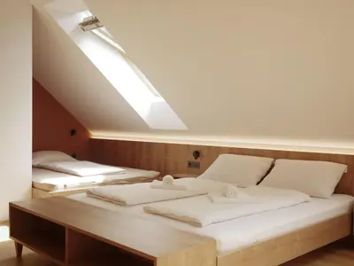a bedroom with two beds and a skylight at Bohinj River House Spa&Sport in Bohinj