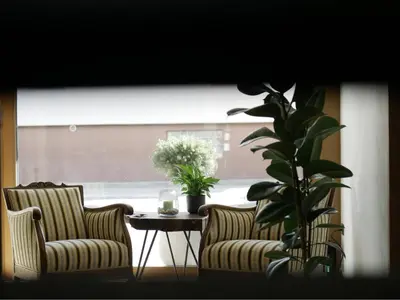 a living room with two chairs and a table with a plant at Bohinj River House Spa&Sport in Bohinj