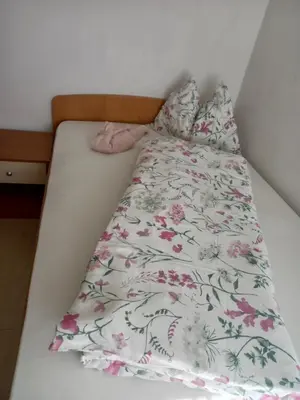 a bed with a flowery bedspread on it at Apartment Zorec in Maribor