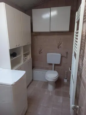 a white bathroom with a toilet and a sink at Apartment Zorec in Maribor