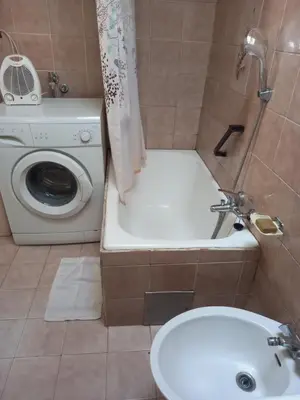 a bathroom with a toilet and a sink and a washing machine at Apartment Zorec in Maribor