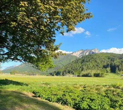 a field of grass with mountains in the background at Apartma Confine in Rateče