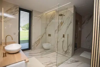a bathroom with a shower and a sink and a toilet at Smart & Wellness Villa in Ptuj