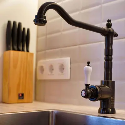 a kitchen sink with a black kitchen faucet at Chalet Slavko in Bohinjska Bistrica