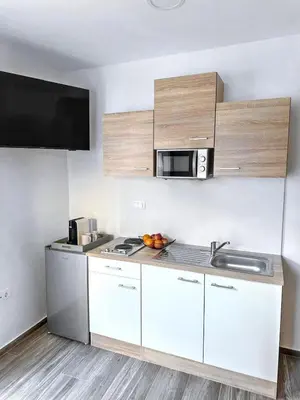 a kitchen with a sink and a microwave at Vesna Studios in Ljubljana