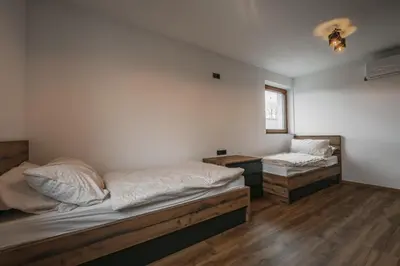 a bedroom with two beds and a window at Villa Brje with Seasonal Pool in Dobravlje