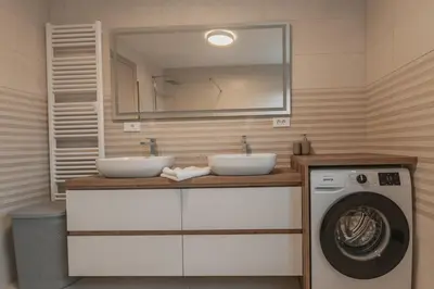 a bathroom with two sinks and a washing machine at Villa Brje with Seasonal Pool in Dobravlje