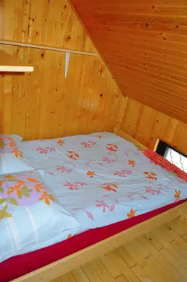 a bed in a room with a wooden wall at Brunarica Petric - Bela krajina - Komarna vas - Smučišče Gače - Semič in Komarna Vas