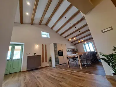 an open living room with a table and a kitchen at Hiša Skala Kubed in Gračišče