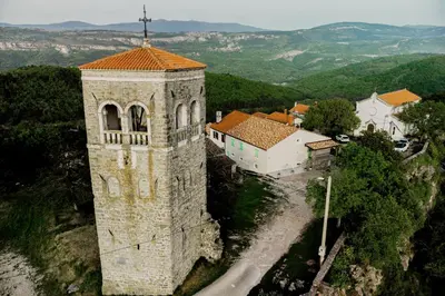 an aerial view of a building with a tower at Hiša Skala Kubed in Gračišče