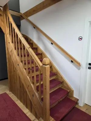 a set of stairs in a house with red carpet at Vila Natalia in Kranjska Gora