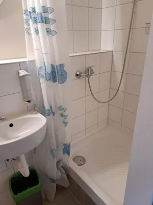 a white bathroom with a shower and a sink at Hiša Bistrica in Bohinj