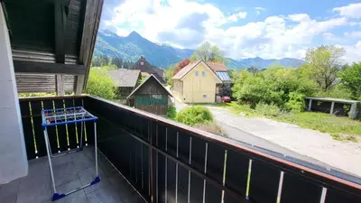 a balcony with a view of a mountain at Apartma Leila in Bohinj