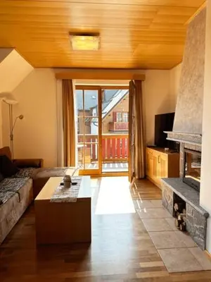 a living room with a couch and a fireplace at BOLFI LUX Apartma z balkonom in Pohorje