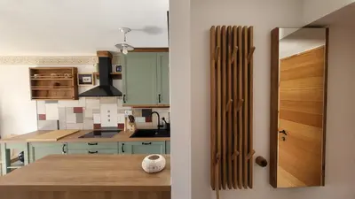 a kitchen with green cabinets and a wooden door at Hiša Manira in Ajdovščina