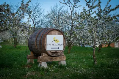 a barrel with a sign on it in a field at Pri Bregarju in Podsabotin
