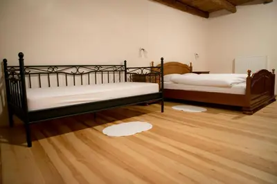 two beds in a room with wooden floors at Pri Bregarju in Podsabotin
