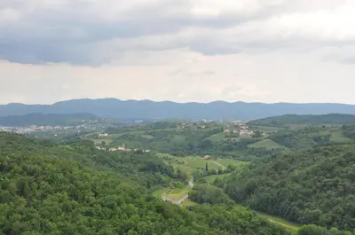 a view of a valley with mountains and trees at Pri Bregarju in Podsabotin